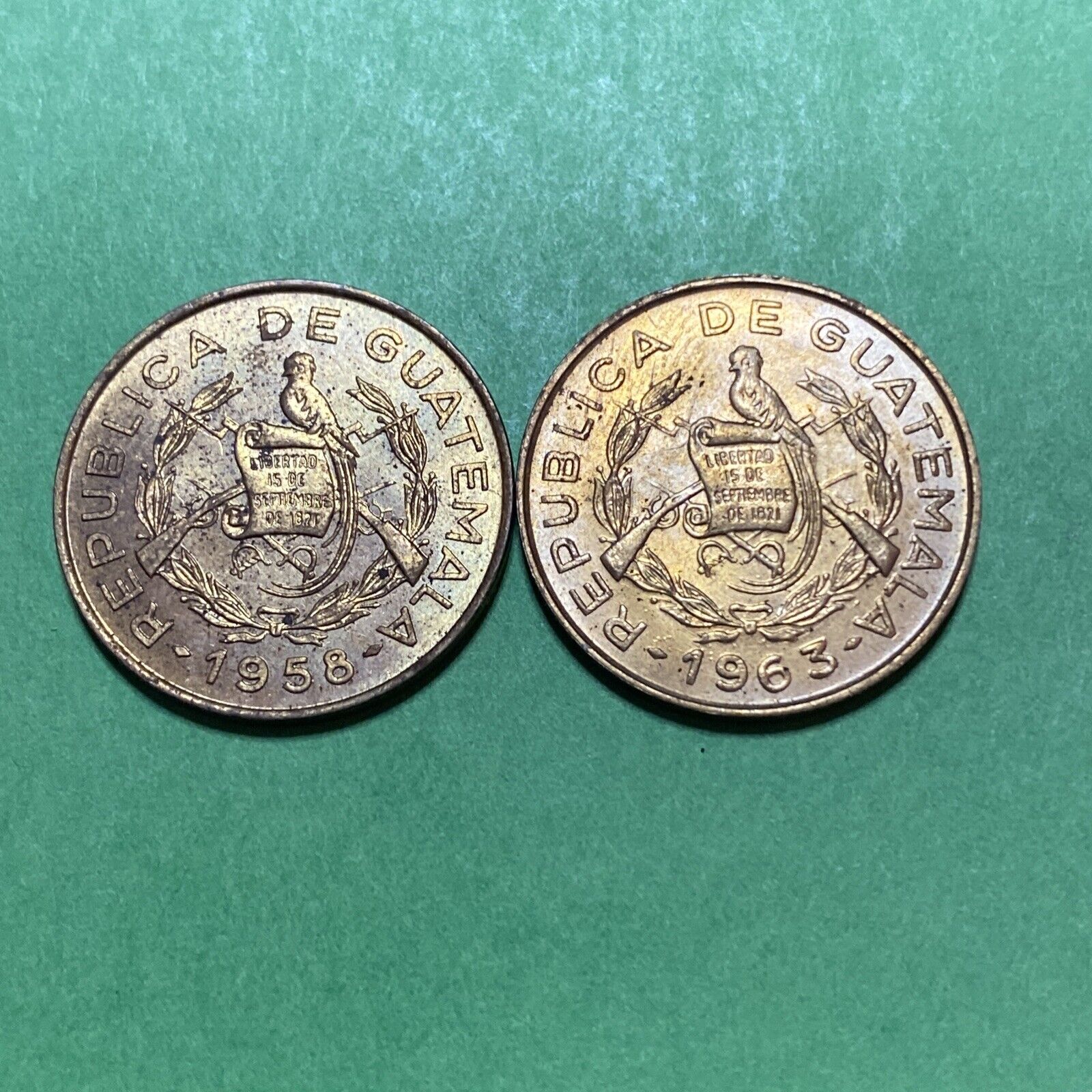 Guatemala 1 Centavo, 1958 & 1963, Brass, Km260, Unc Lot Of 2