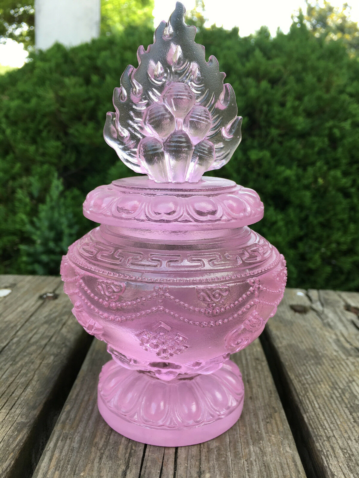 Pink Color Art Glass Pate-de-verre Mani Aquarius Eight Auspicious Totem Bottle