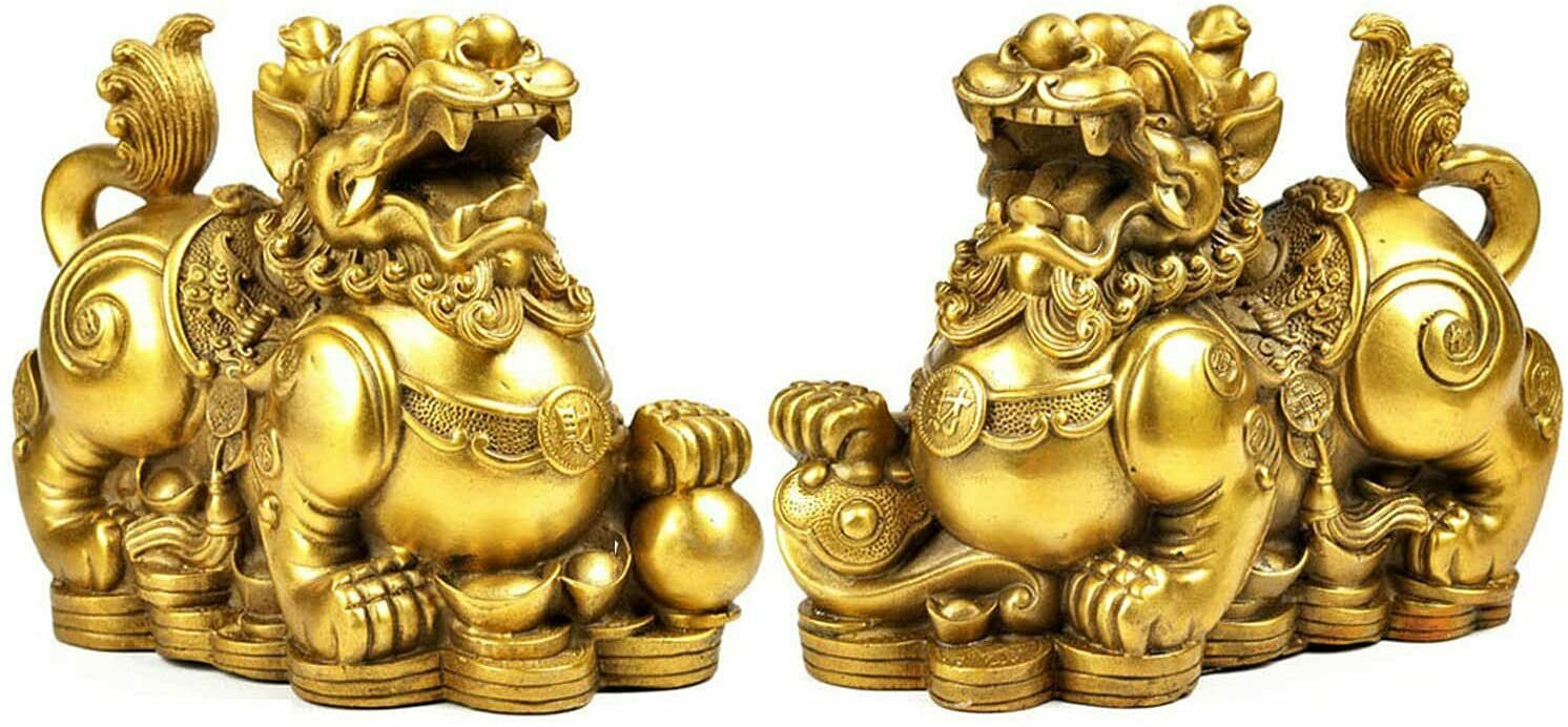 Set Of 2 Male And Female Good Feng Shui Brass Kirin Kylin Statue Pi Yao Pixiu