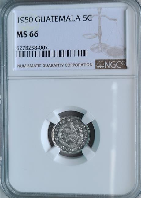 Guatemala 5 Centavos 1950 Ngc Ms 66