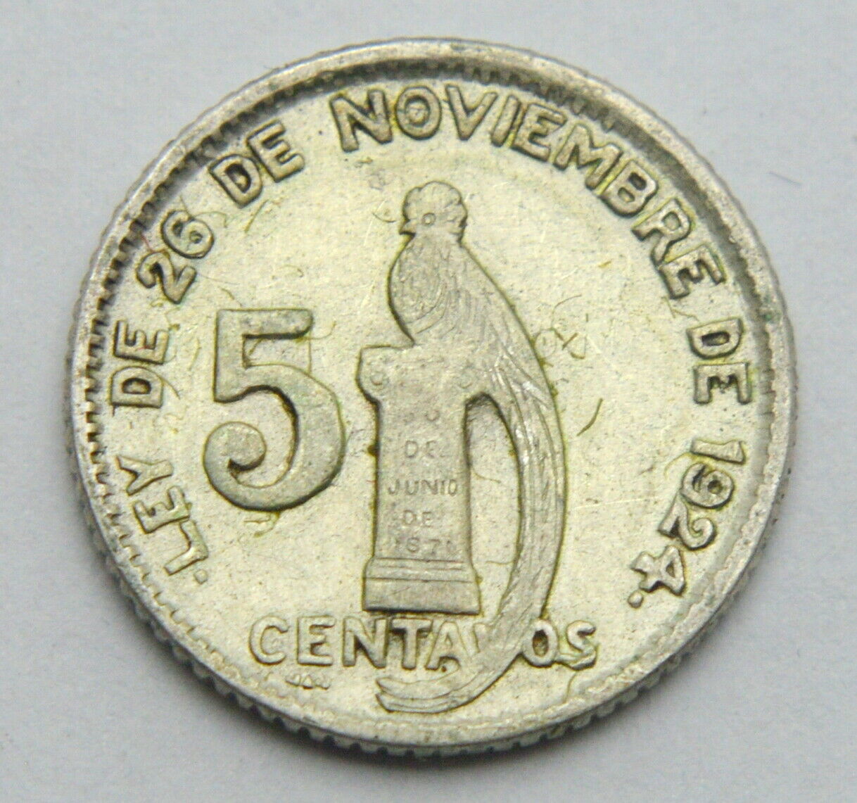 Guatemala 5 Centavos 1945 Old Silver Coin