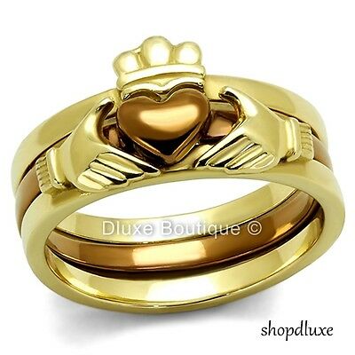 Women's Irish Claddagh Chocolate & 14k Gold Plated Wedding Ring Set Size 5-11