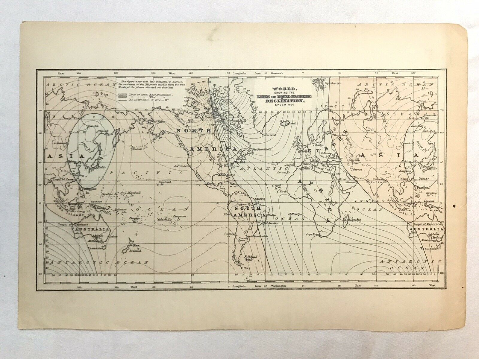 Epoch 1890 World Map Lines Of Equal Magnetic Declination 10x5.25in