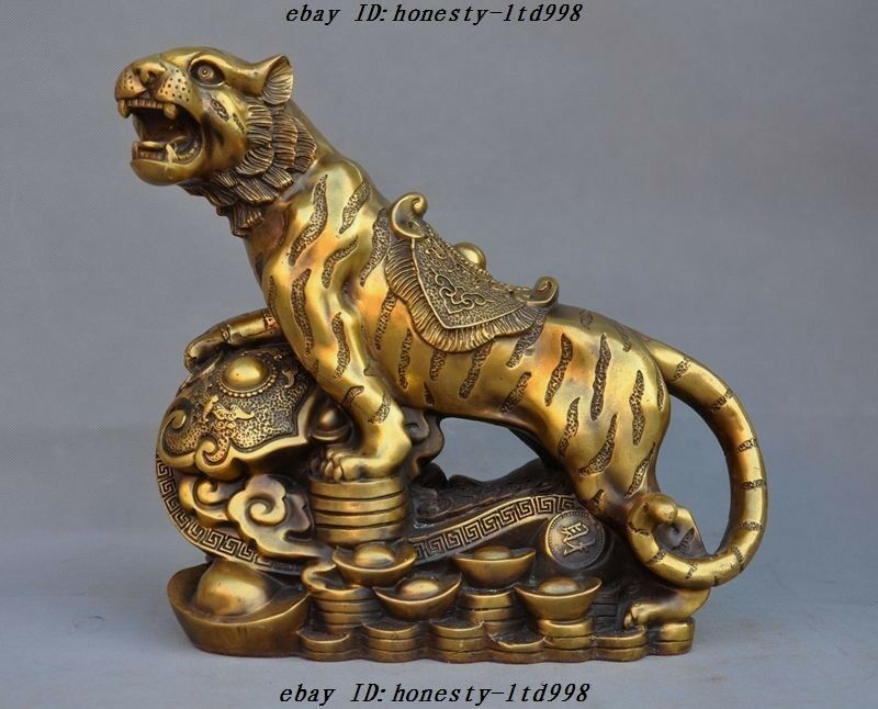Chinese Folk Fengshui Brass Yuanbao Money Coins Wealth Lucky Animal Tiger Statue