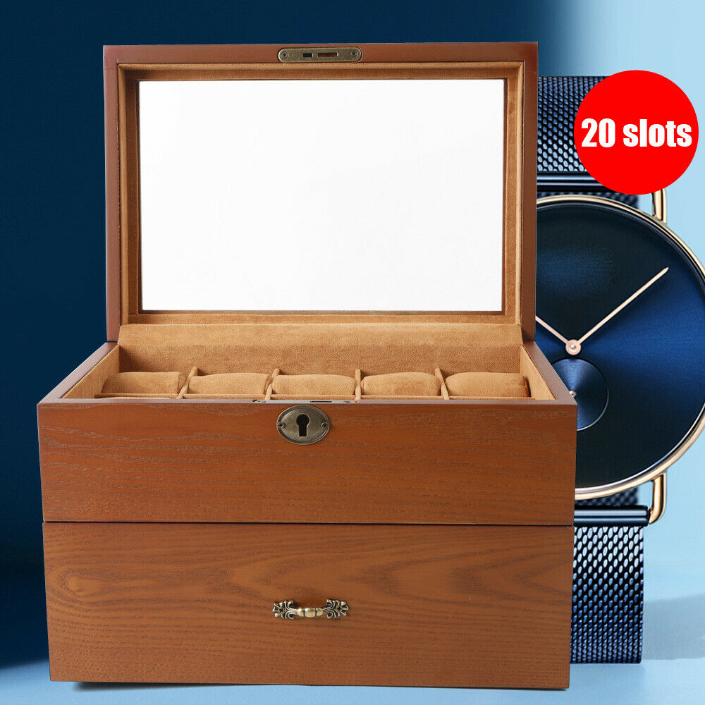 20 Slot Solid Wood Wooden Watch Display Box Organizer Box W/ Lock & Skylight Usa