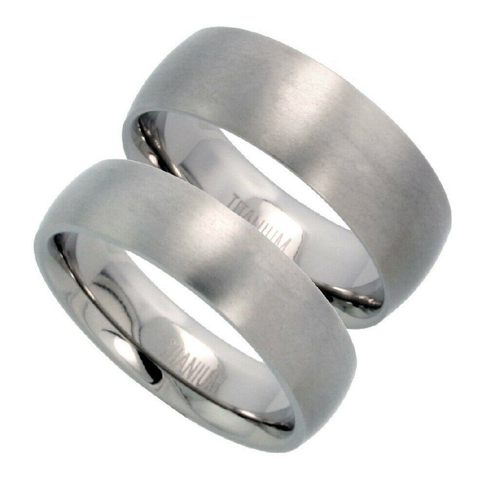 Titanium Hers (6mm) & His (8mm) Dome Wedding Bend Ring Set, Brushed Finish