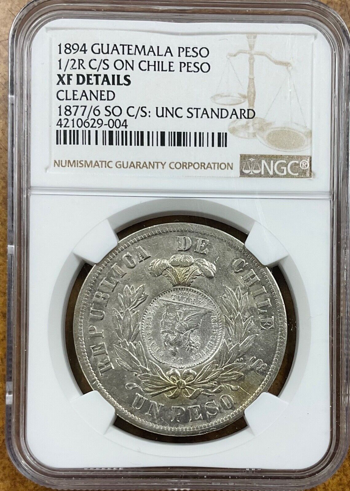 Guatemala 1894 Peso 1/2r C/s On 1877/6 Chile Peso Ngc Xf Details Unc Standard