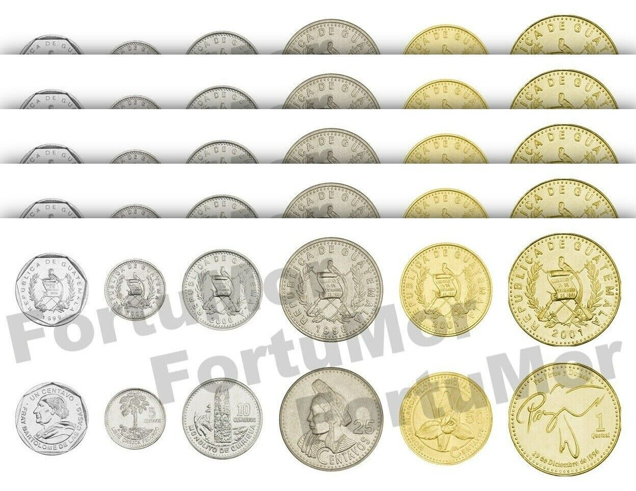 Guetamala 5 (x)  6 Pcs Unc Coin Set, 1 5 10 25 50 Centavos 1 Quetzal 1994 2007