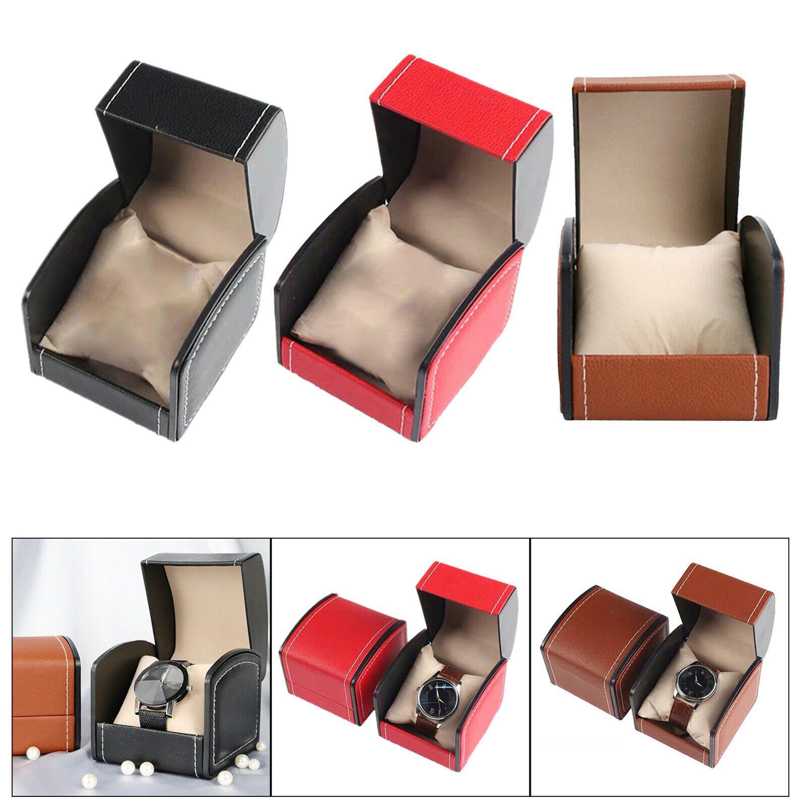 Pu Leather Watch Case Storage Holder Organizer Jewelry Box Sturdy 3.5x4x3in